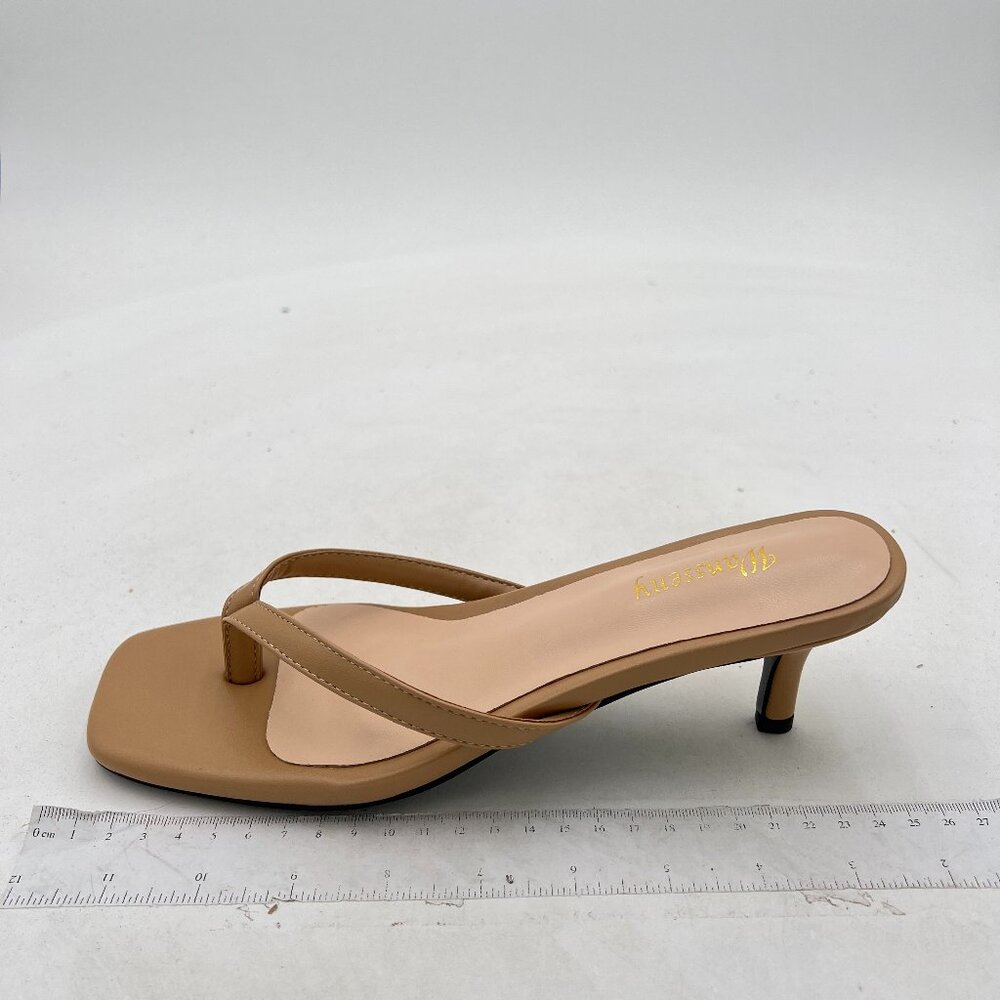 Wansseny Sandy Brown Thong Open Toe Low Heel Flip Flops Slip on Mules Sandals